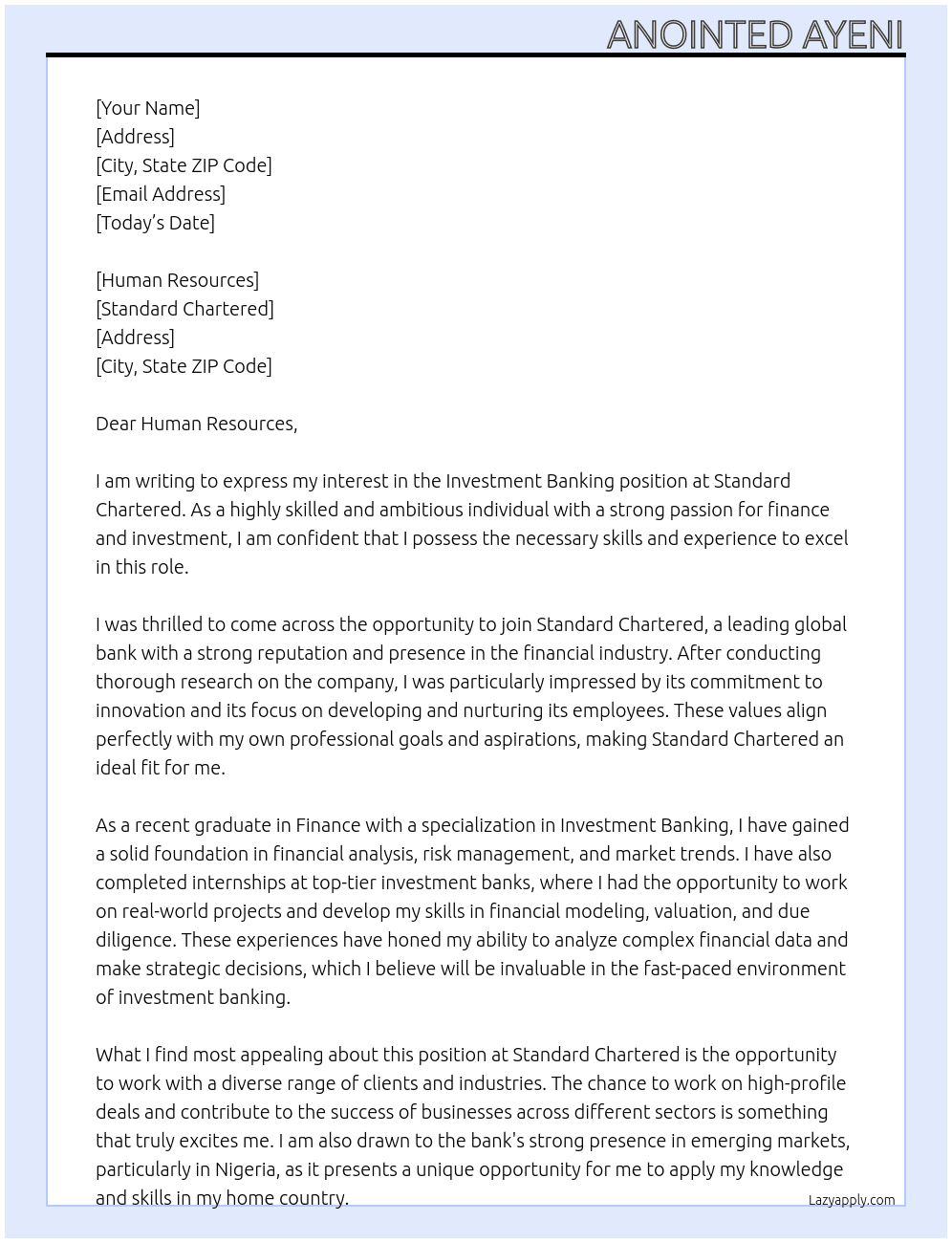 Investment Banking At Standard Chartered Cover Letter