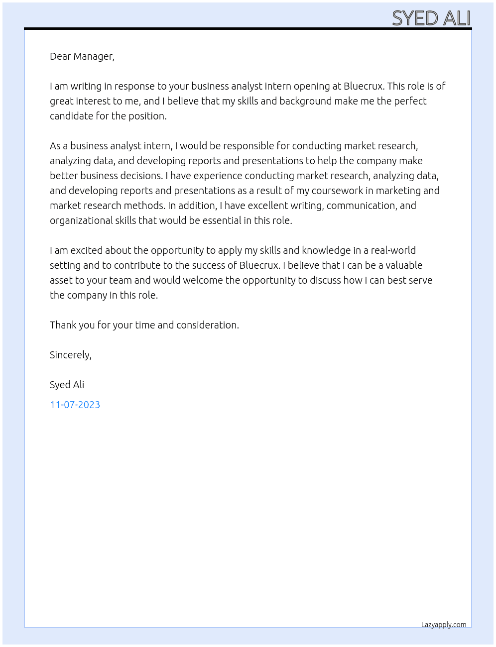 business analyst intern At Bluecrux Cover Letter