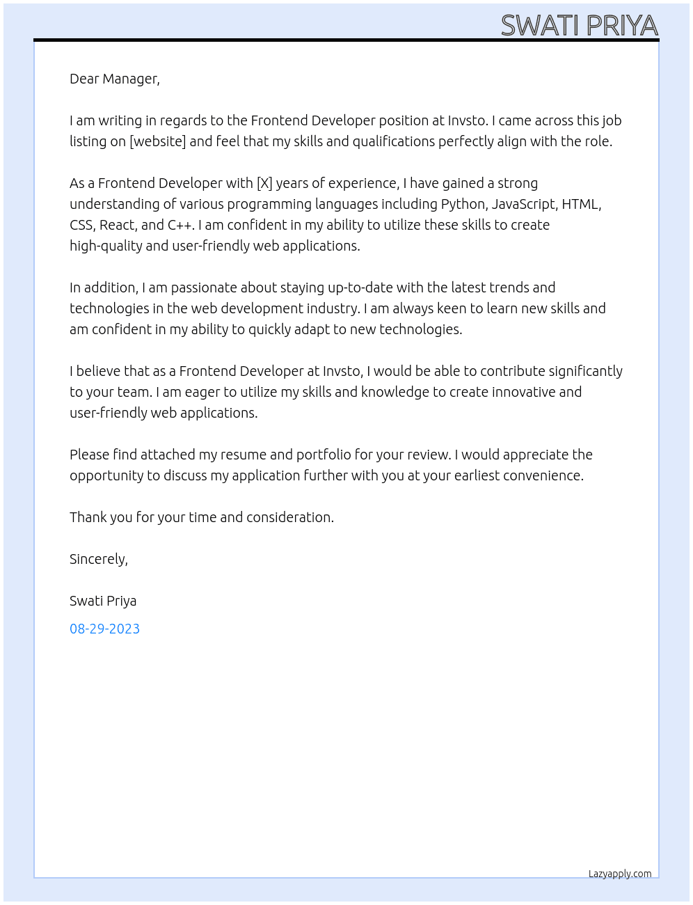 Frotend Developer At Invsto Cover Letter