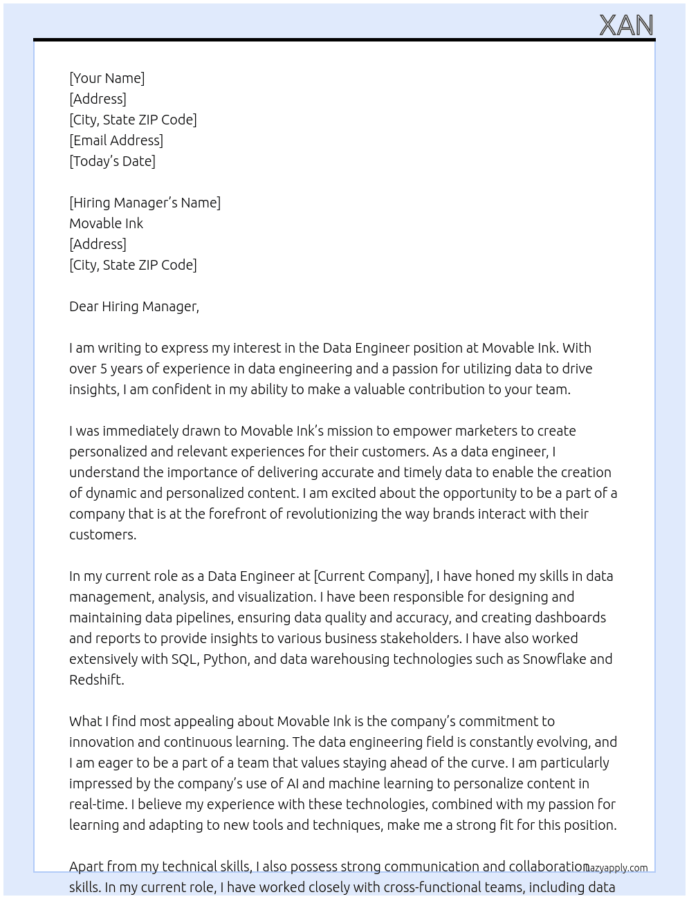 Data Engineer At Movable Ink Cover Letter