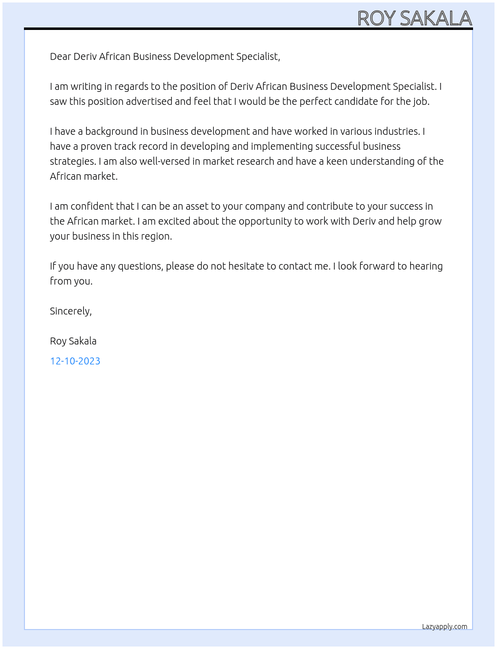 Deriv African Business Development Specialist  At Deriv  Cover Letter