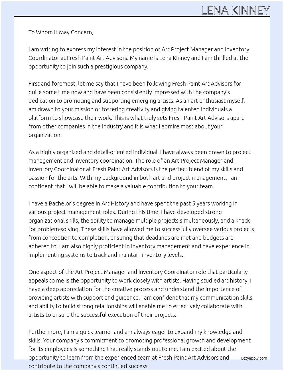 Art Project Manager and Inventory Coordinator At Fresh Paint Art Advisors Cover Letter