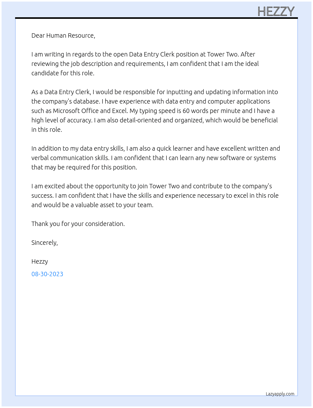 DATA ENTRY CLERK At TOWER TWO Cover Letter