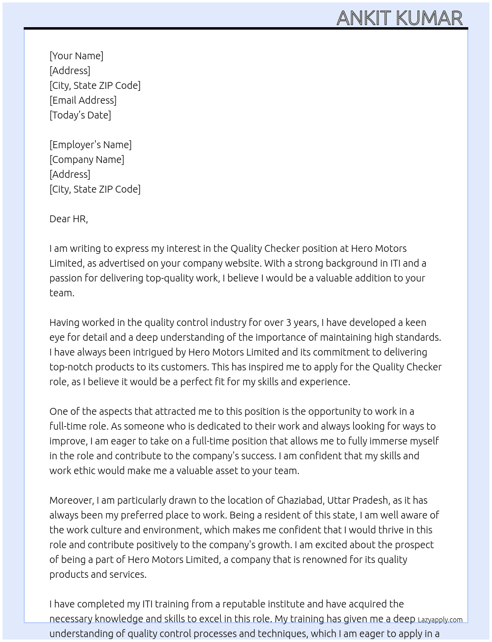Quality checker At Hero motors limited  Cover Letter