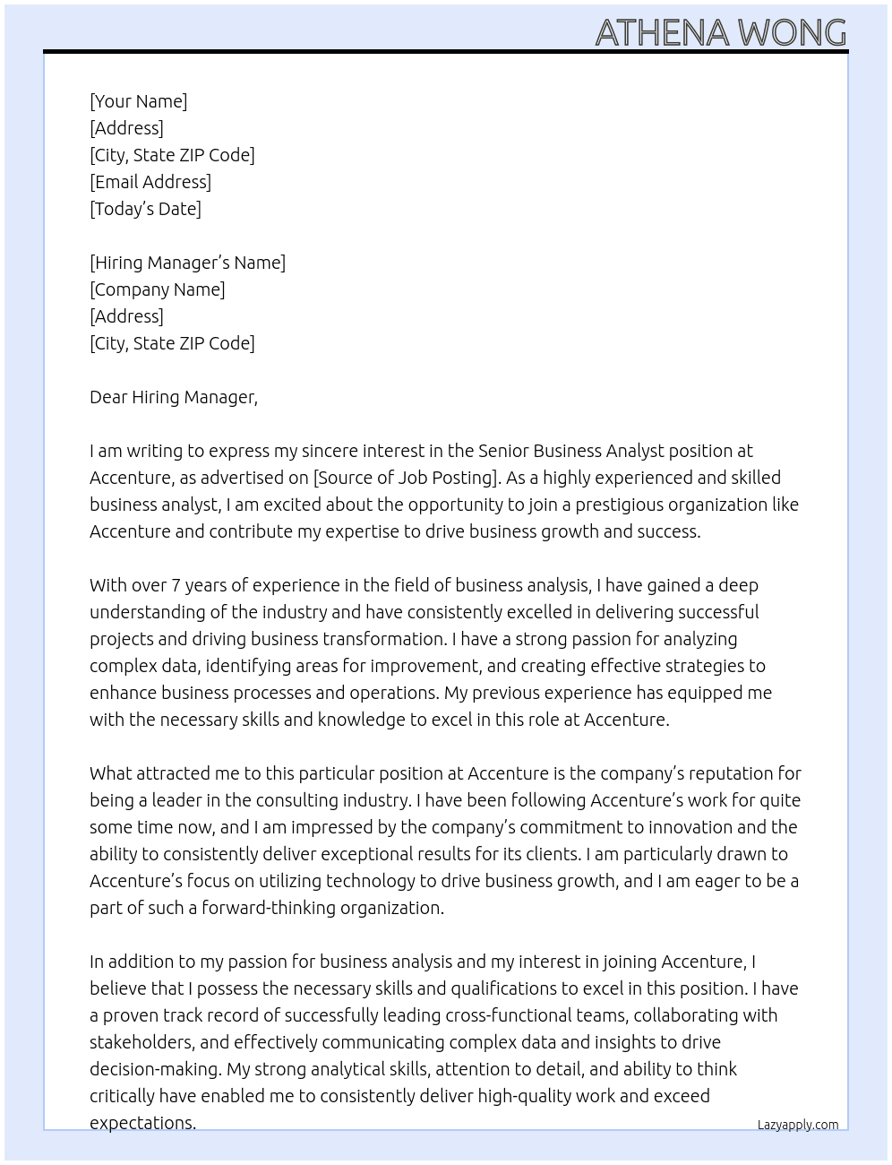 Senior Business Analyst At Accenture Cover Letter