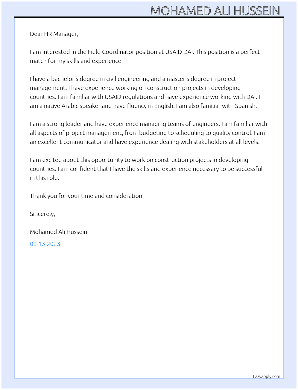 Field Coordinator  At USAID DAI Cover Letter
