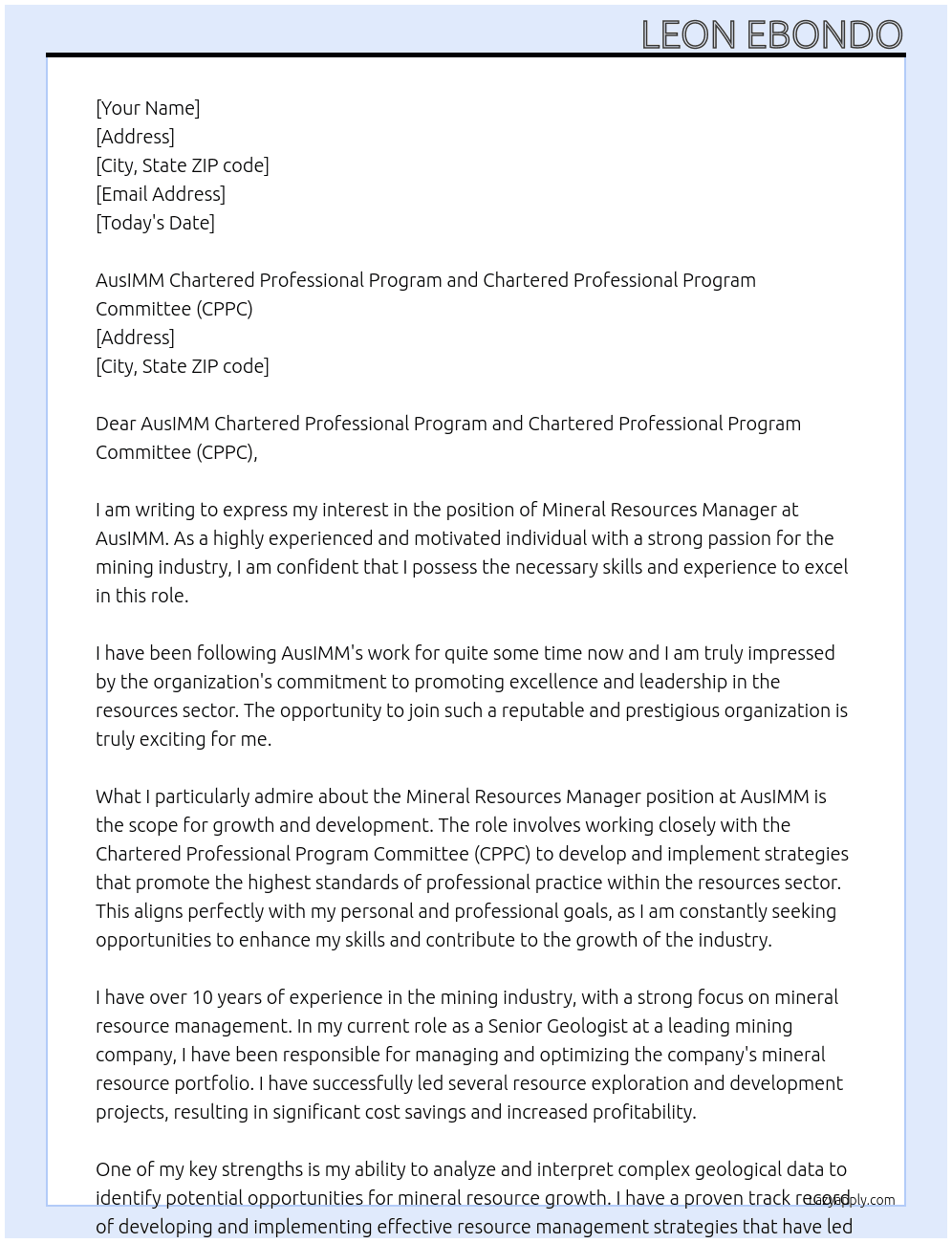 Mineral Resources Manager At AusIMM Cover Letter