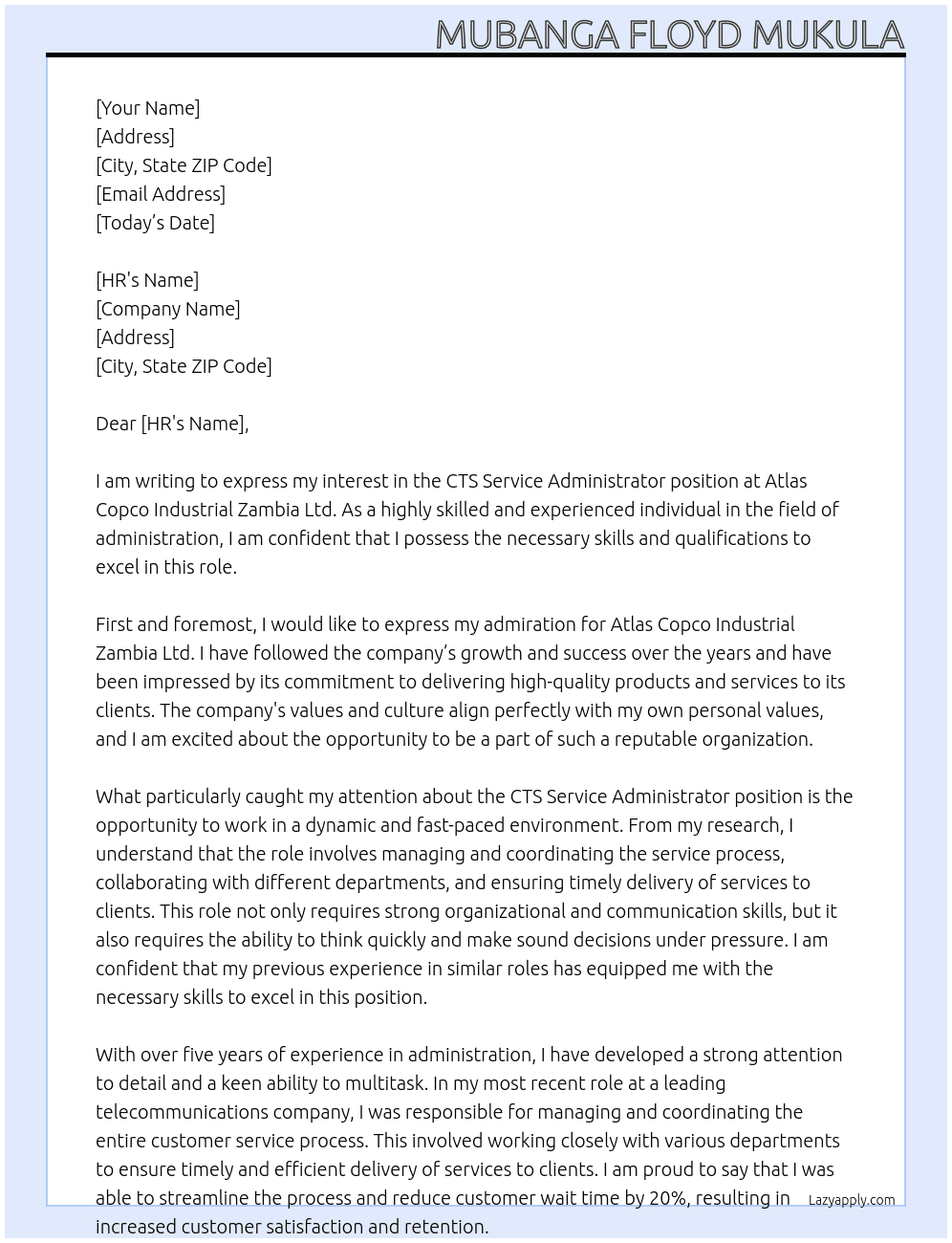 CTS Service Administrator At Atlas Copco Industrial Zambia Ltd Cover Letter