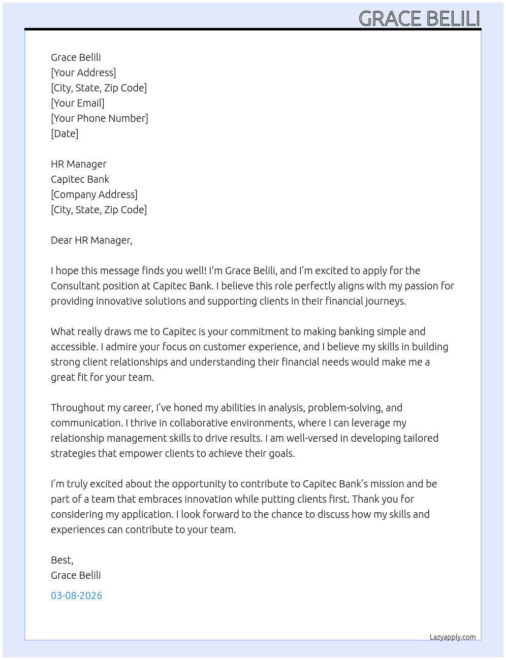 consultant At Capitec Bank Cover Letter