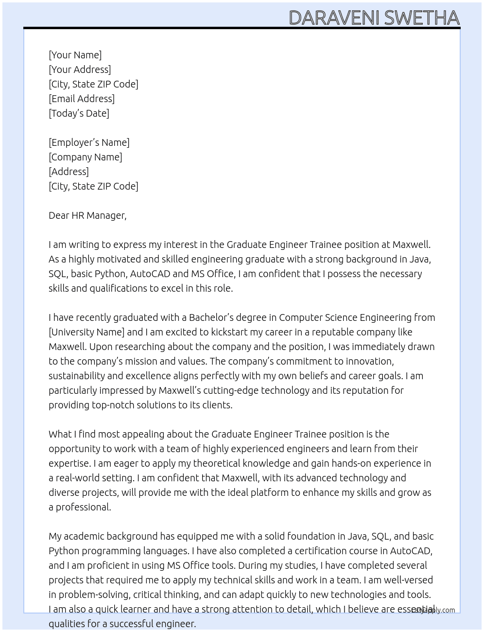 Graduate engineer Trainee  At Maxwell Cover Letter