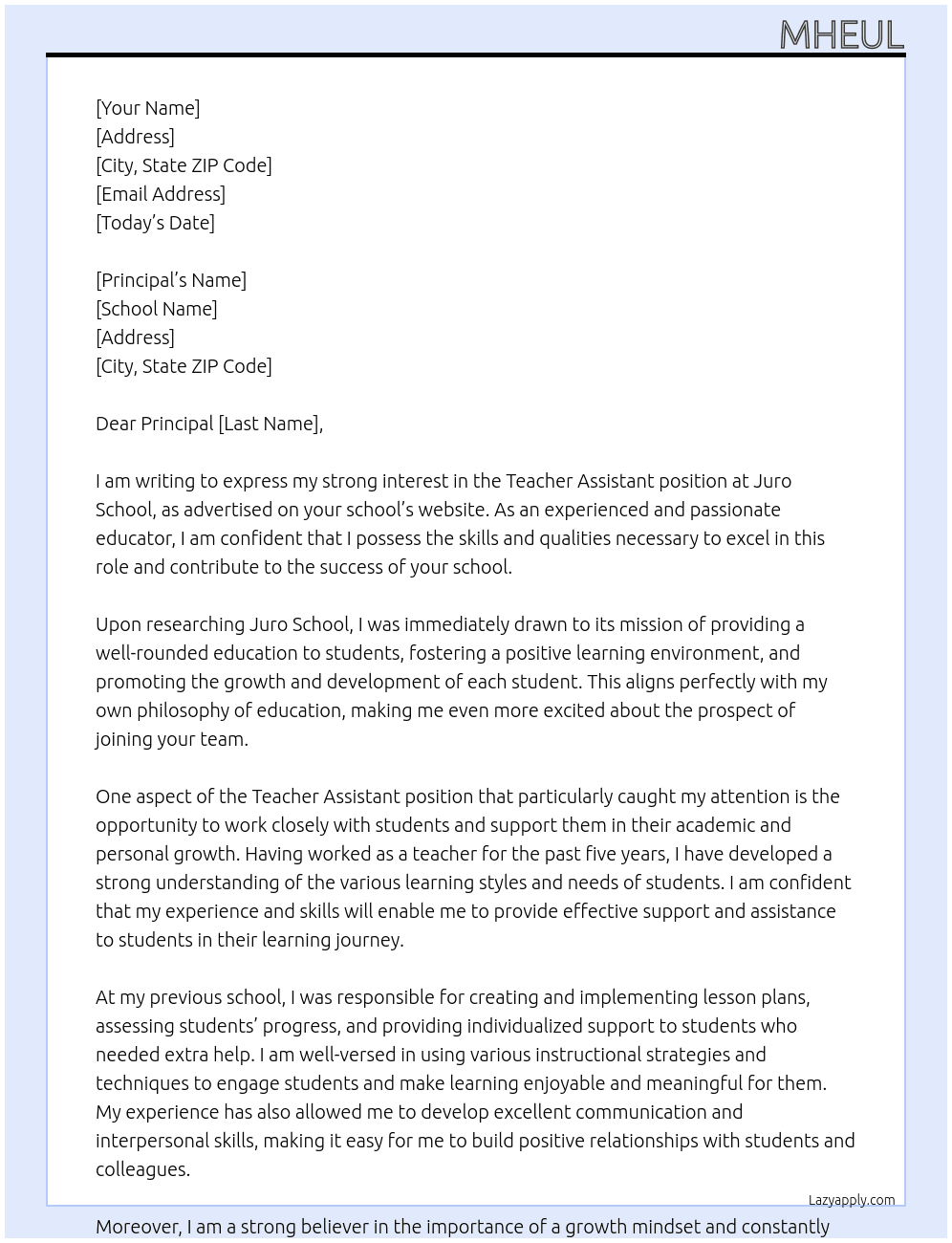 Teacher Assistant At Juro School Cover Letter