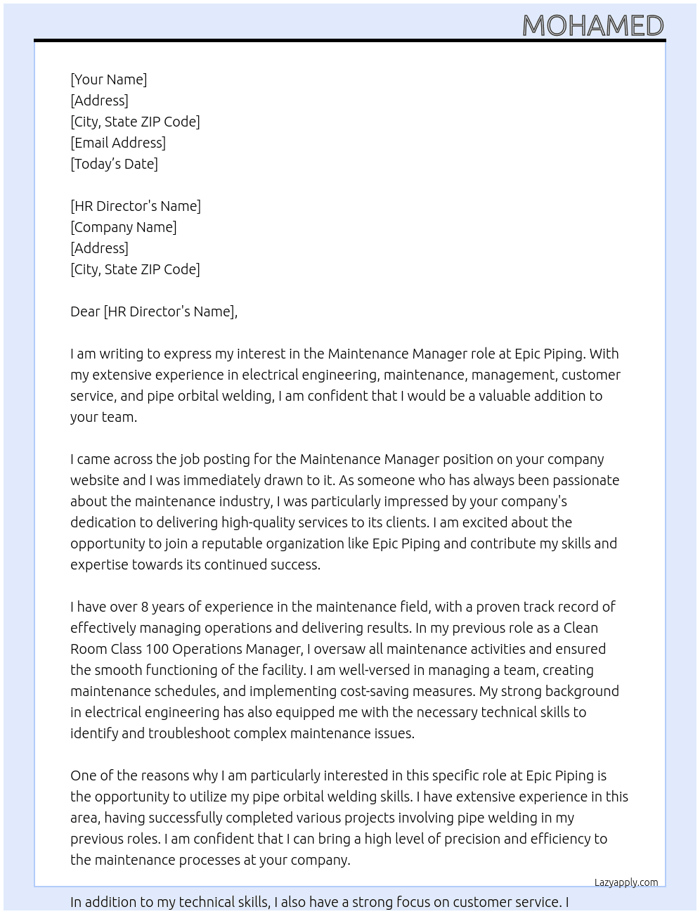 Maintenance Manager  At Epic piping  Cover Letter