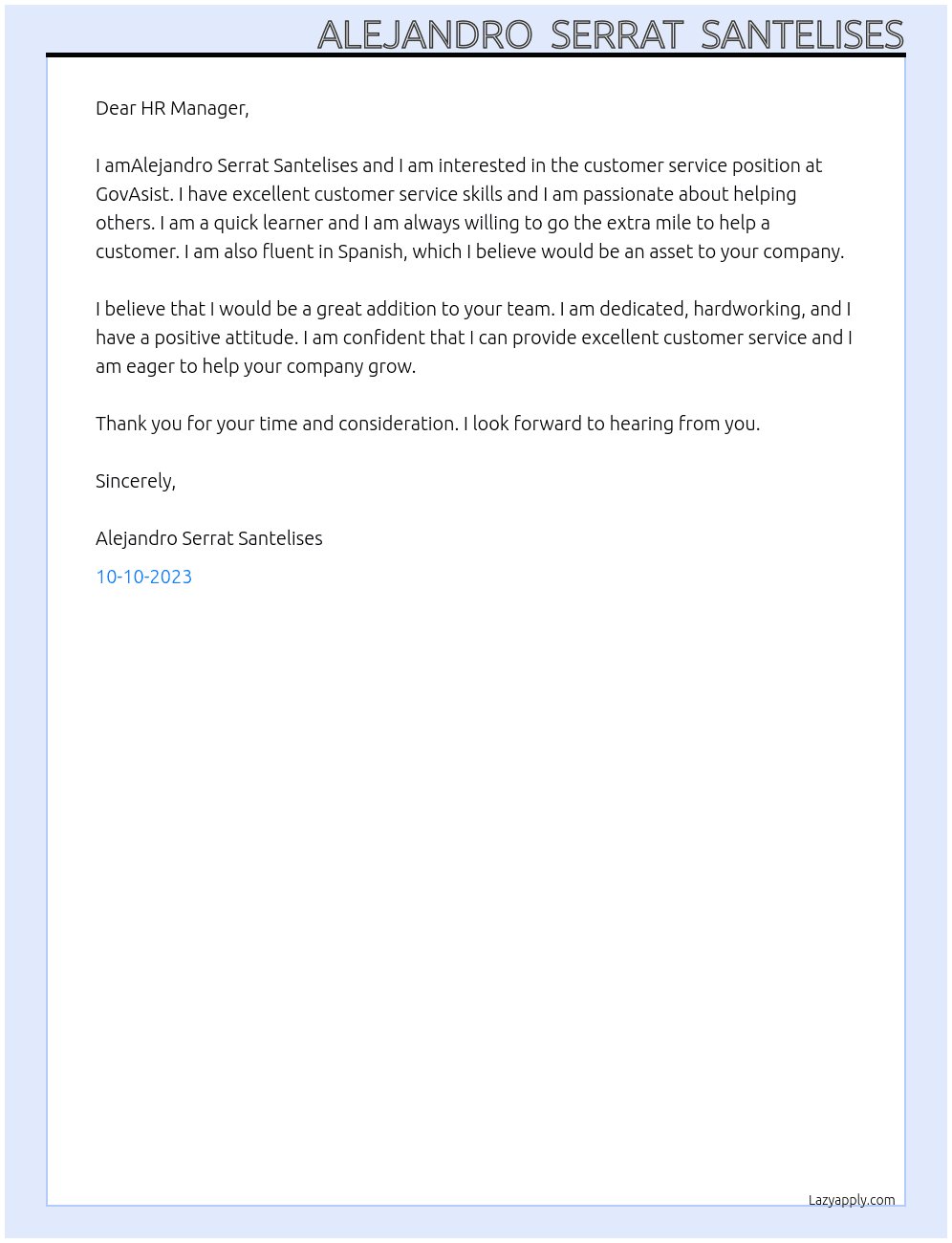 customer  service At GovAsist Cover Letter