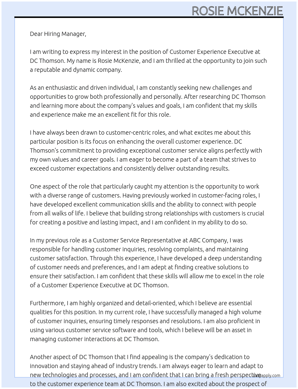 Customer experience executive  At DC Thomson  Cover Letter