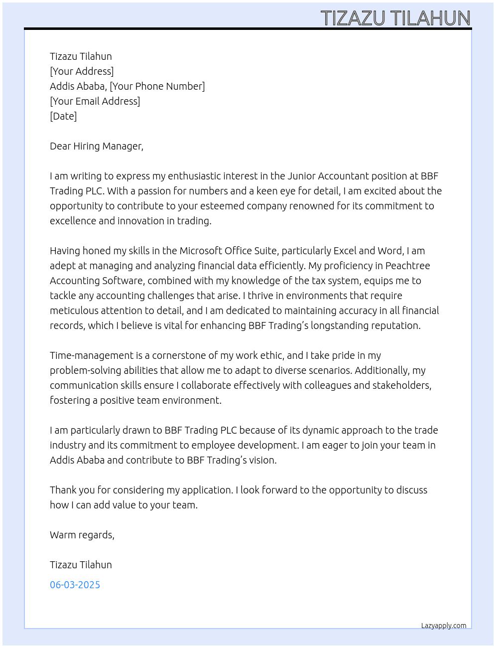Junior Accountant  At BBF Trading PLC Cover Letter