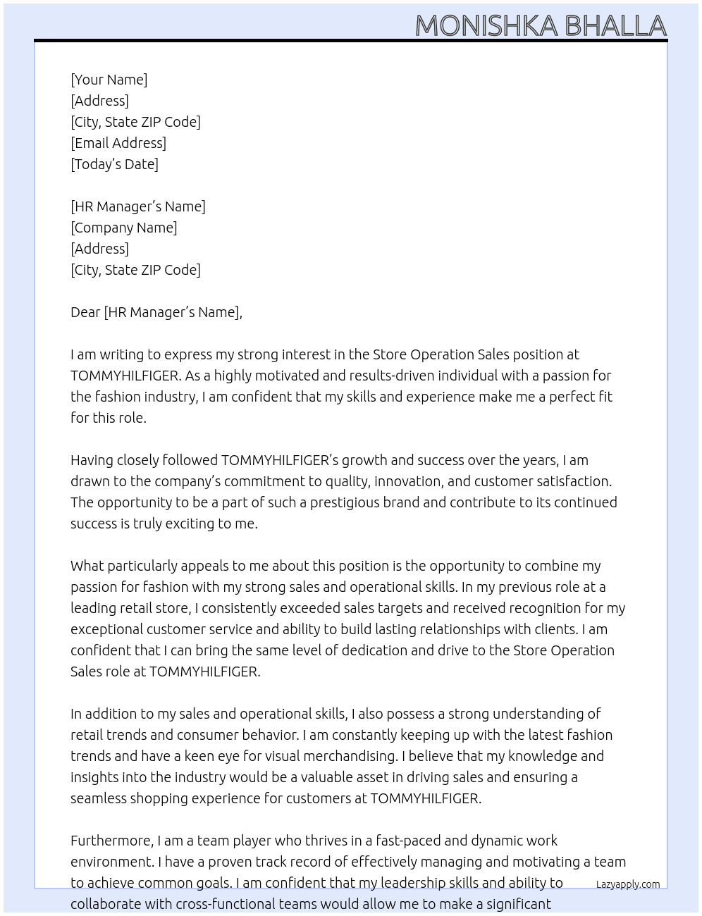 Store Operation Sales At TOMMYHILFIGER Cover Letter