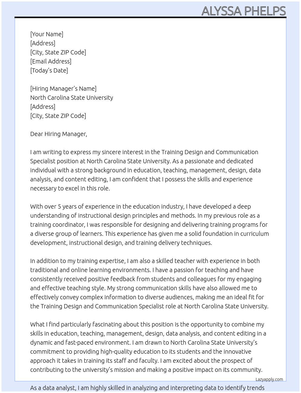 Training Design and Communication Specialist At North Carolina State University  Cover Letter