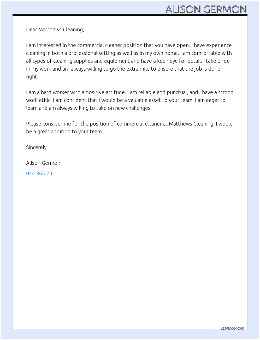 Commercial Cleaner At Matthews Cleaning  Cover Letter