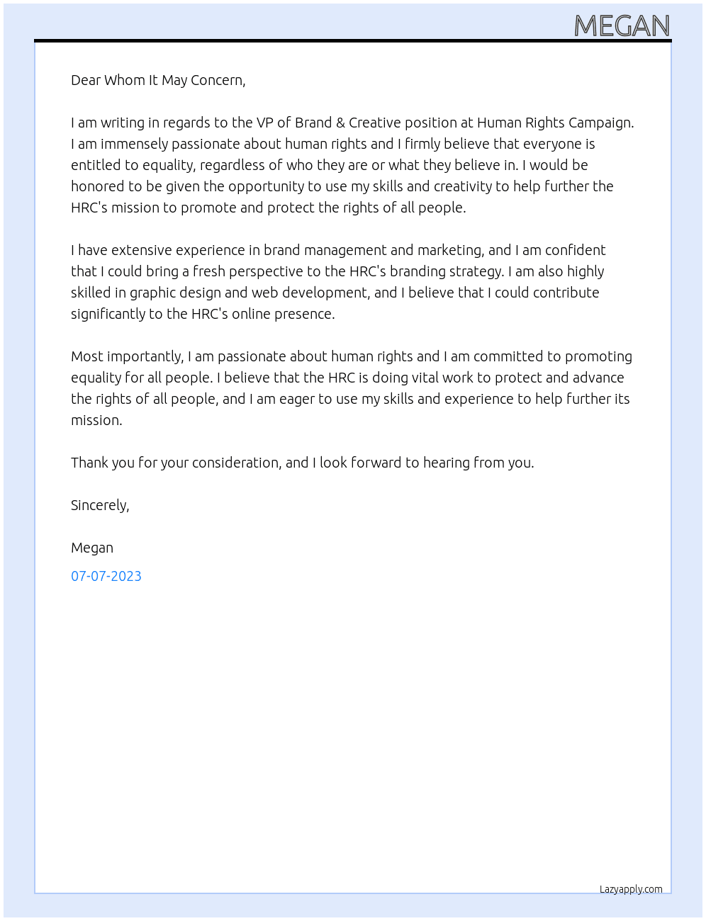 VP of Brand & Creative At Human Rights Campaign  Cover Letter