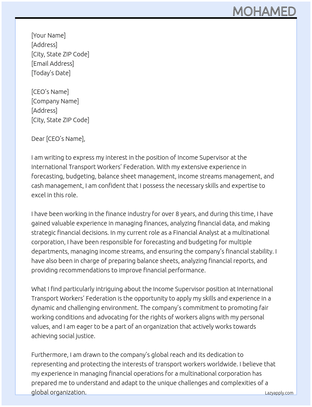 Income Supervisor At International Transport Workers’ Federation Cover Letter
