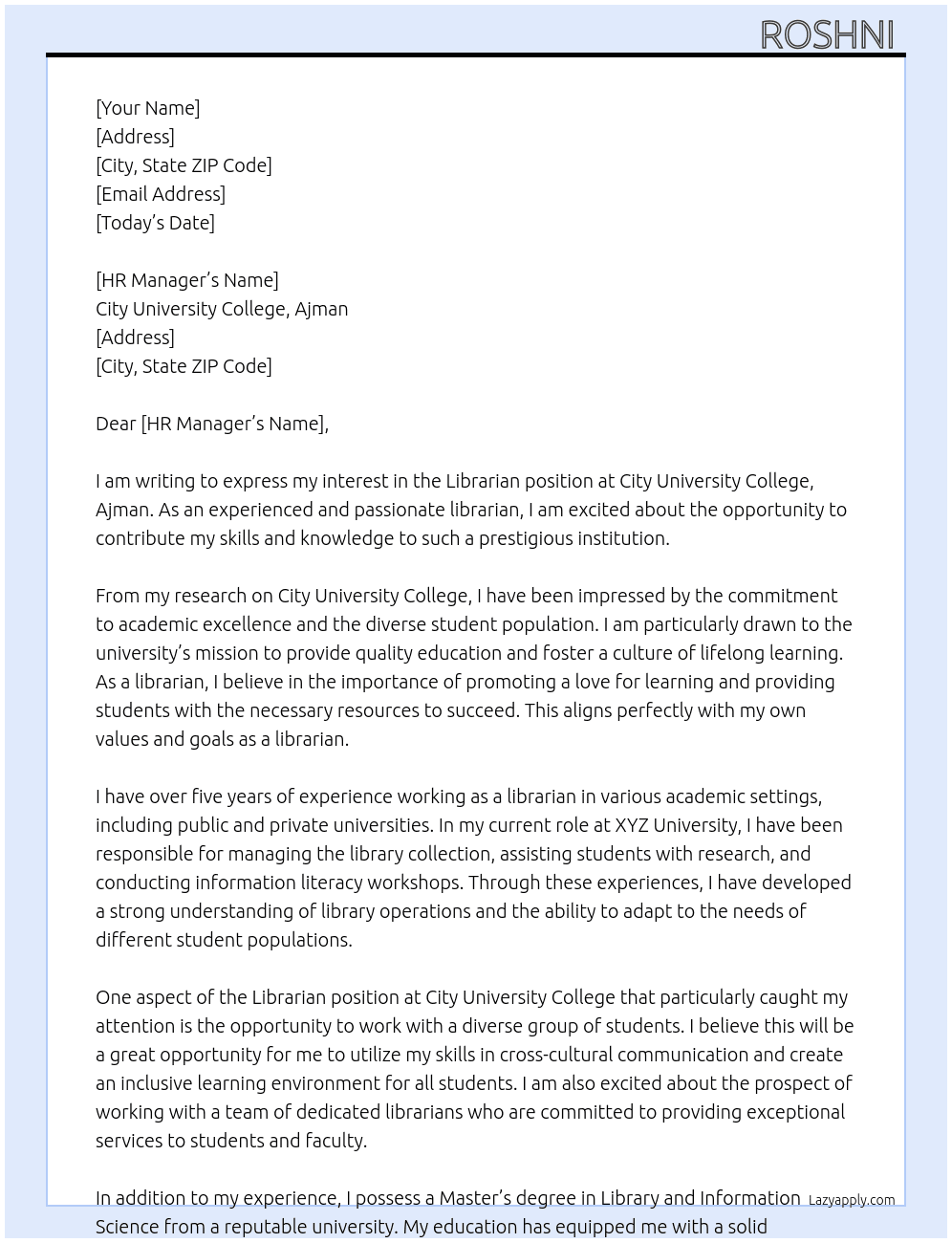 Librarian  At City university college, Ajman Cover Letter