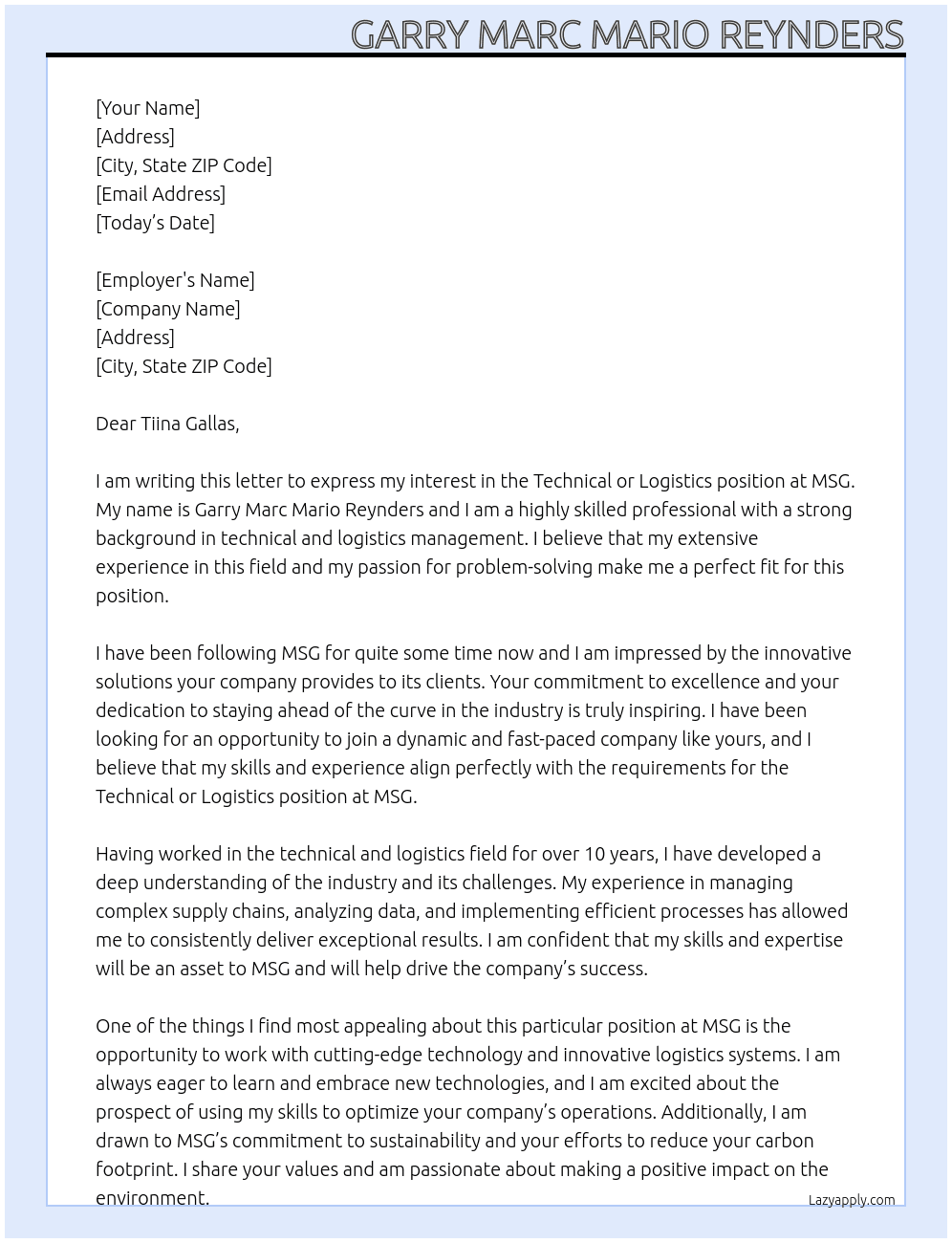 technical or logistics  At MSG Cover Letter