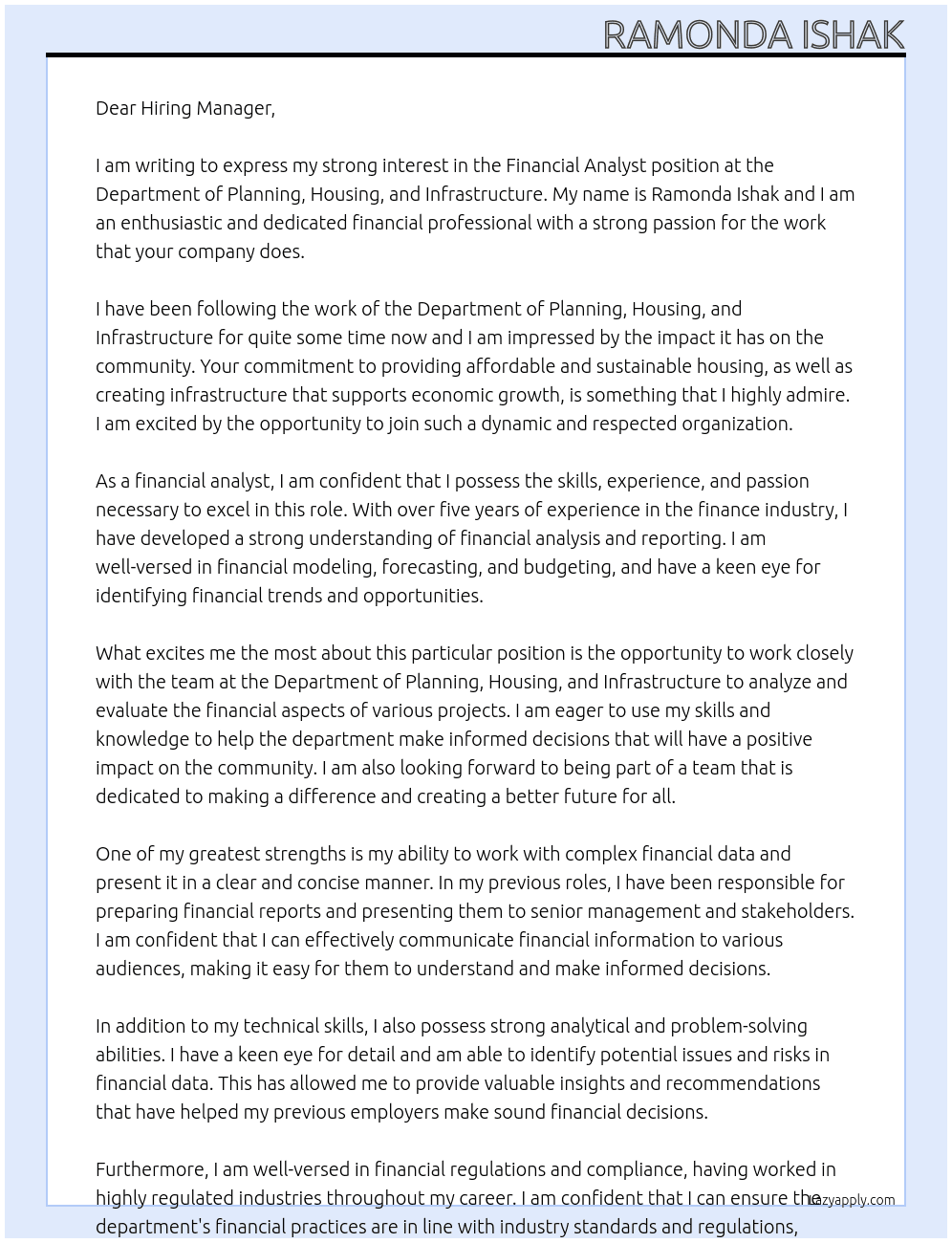 Financial Analyst At the Department of Planning, Housing and Infrastructure Cover Letter