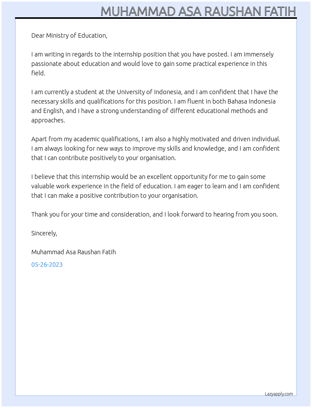Internship At Indonesia Global Internship Program Cover Letter
