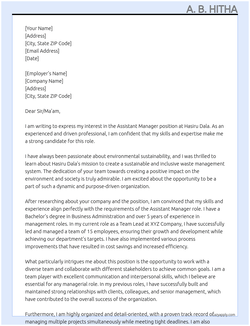 Assistant Manager At Hasiru Dala Cover Letter