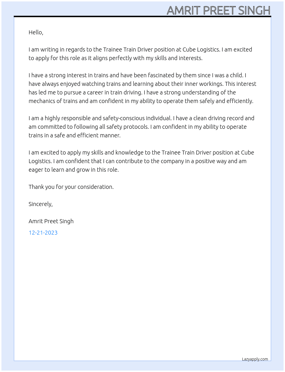 Trainee train driver At Cube logistics Cover Letter