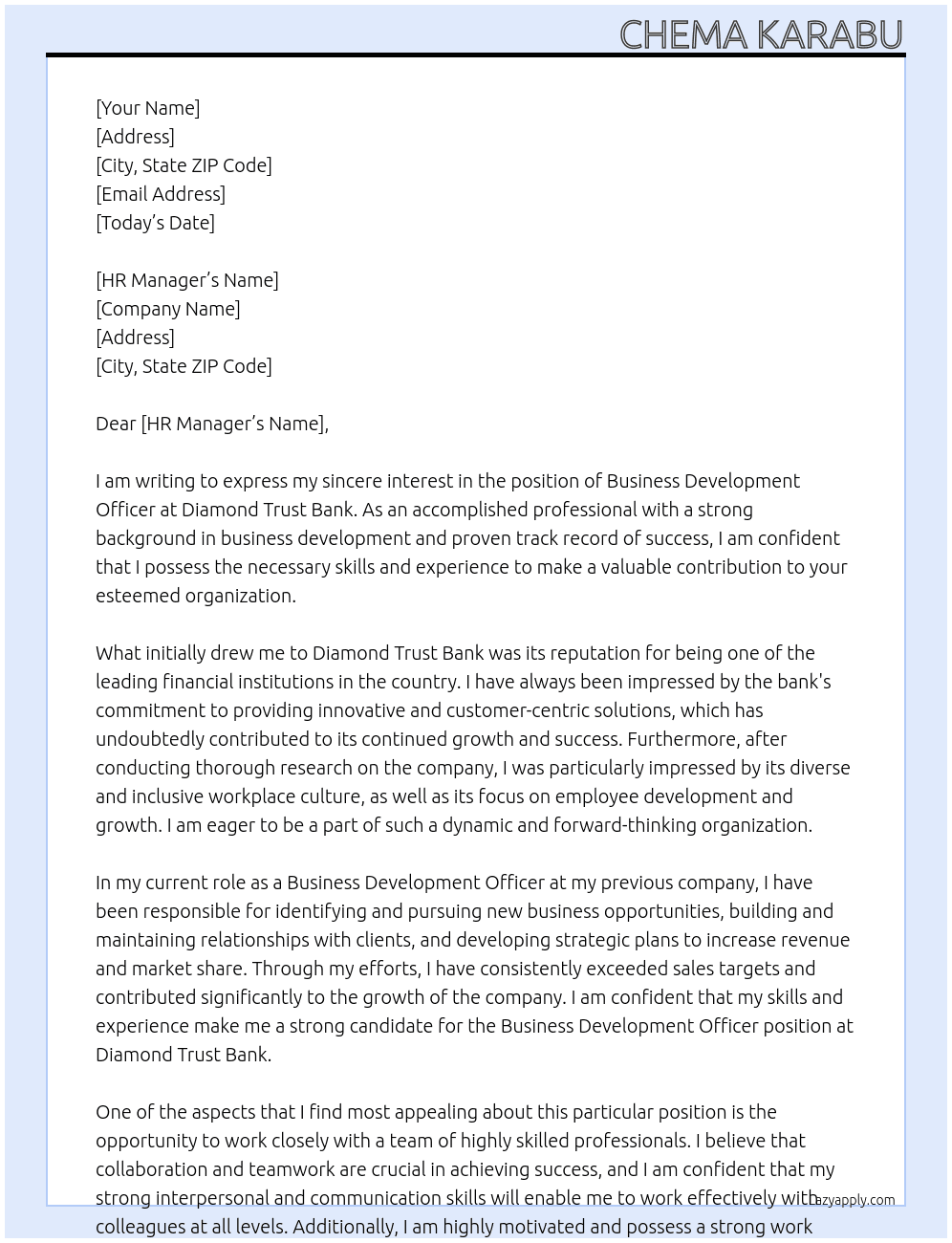 Business Development Officer At Diamond Trust Bank Cover Letter