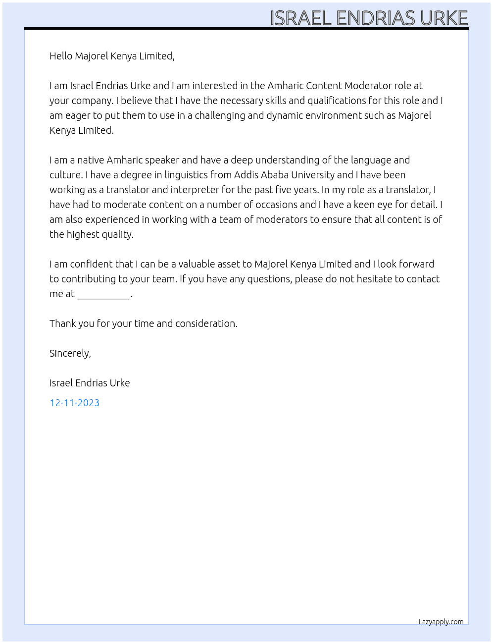 Amharic Content Moderator At Majorel Kenya Limited Cover Letter
