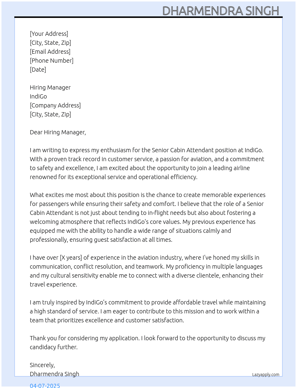 Senior cabin attendant  At Indigo  Cover Letter