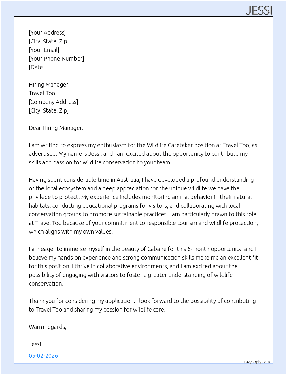 wildlife caretaker At travel too Cover Letter