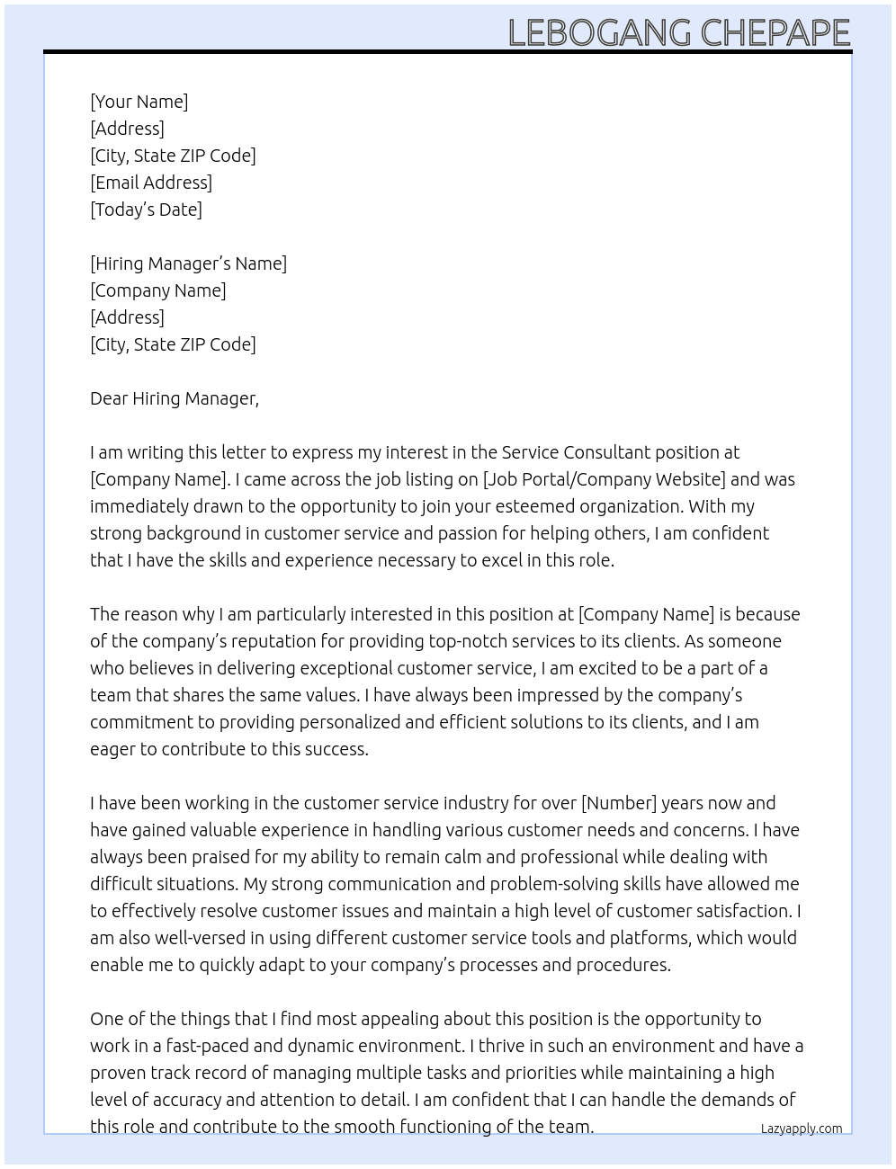 Service Consultant At Service Consultant Cover Letter