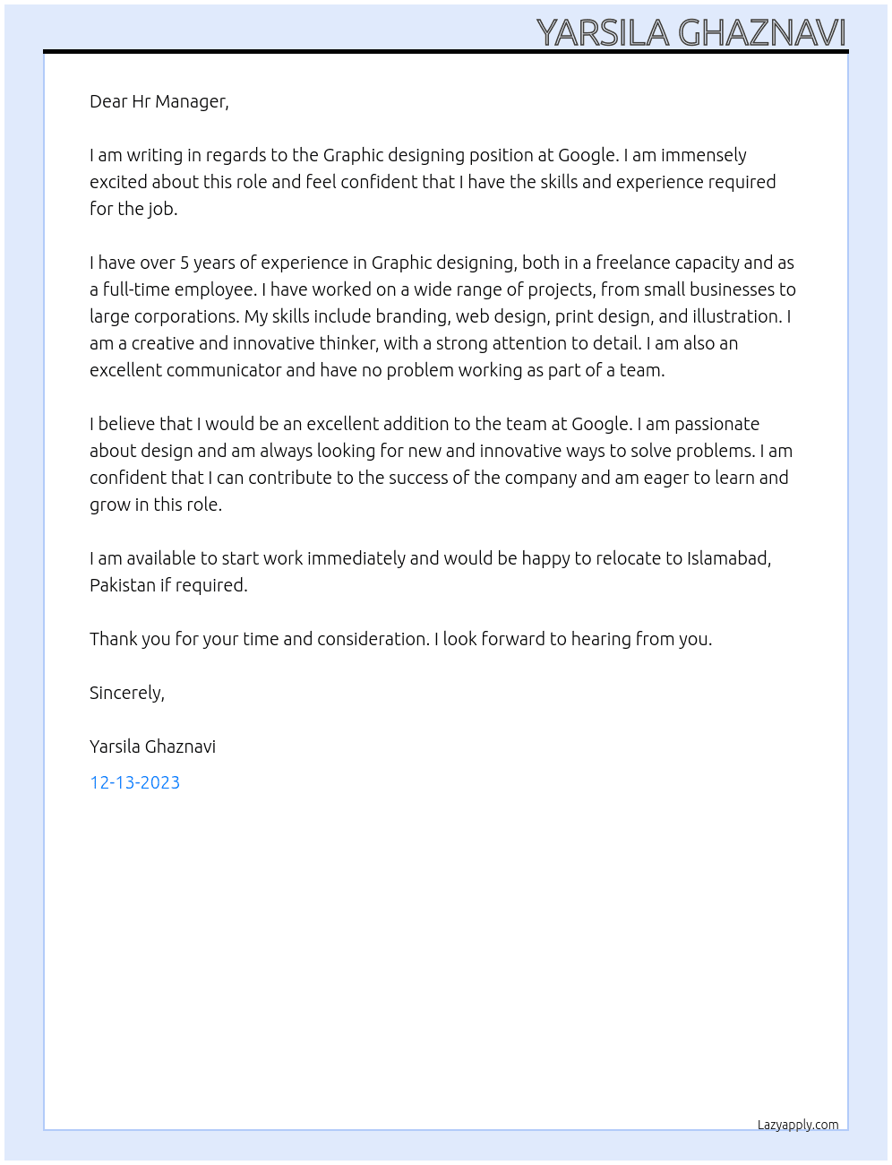 Graphic designing At Google  Cover Letter