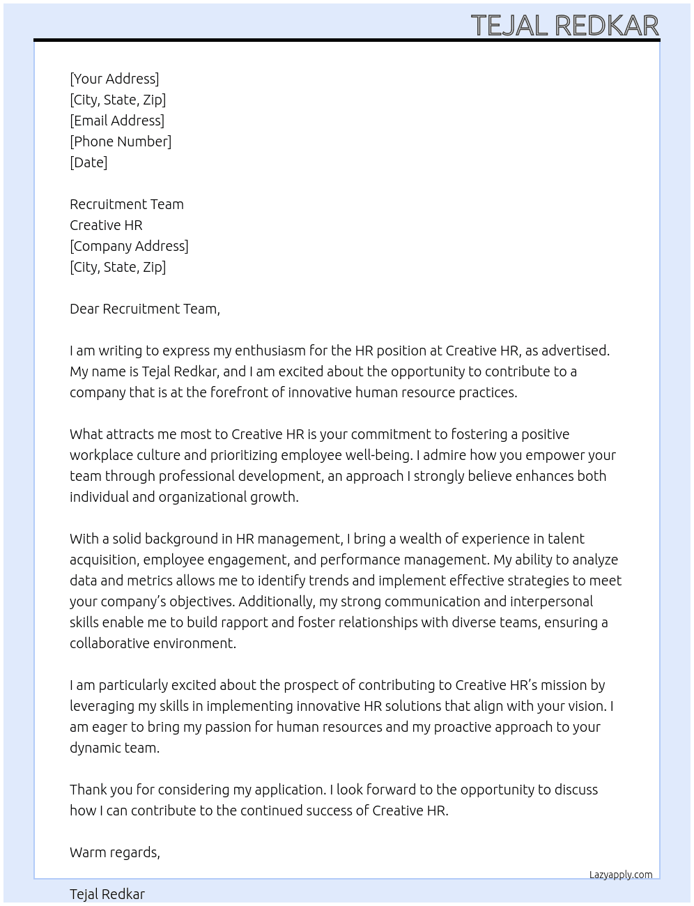 hr  At creative hr Cover Letter