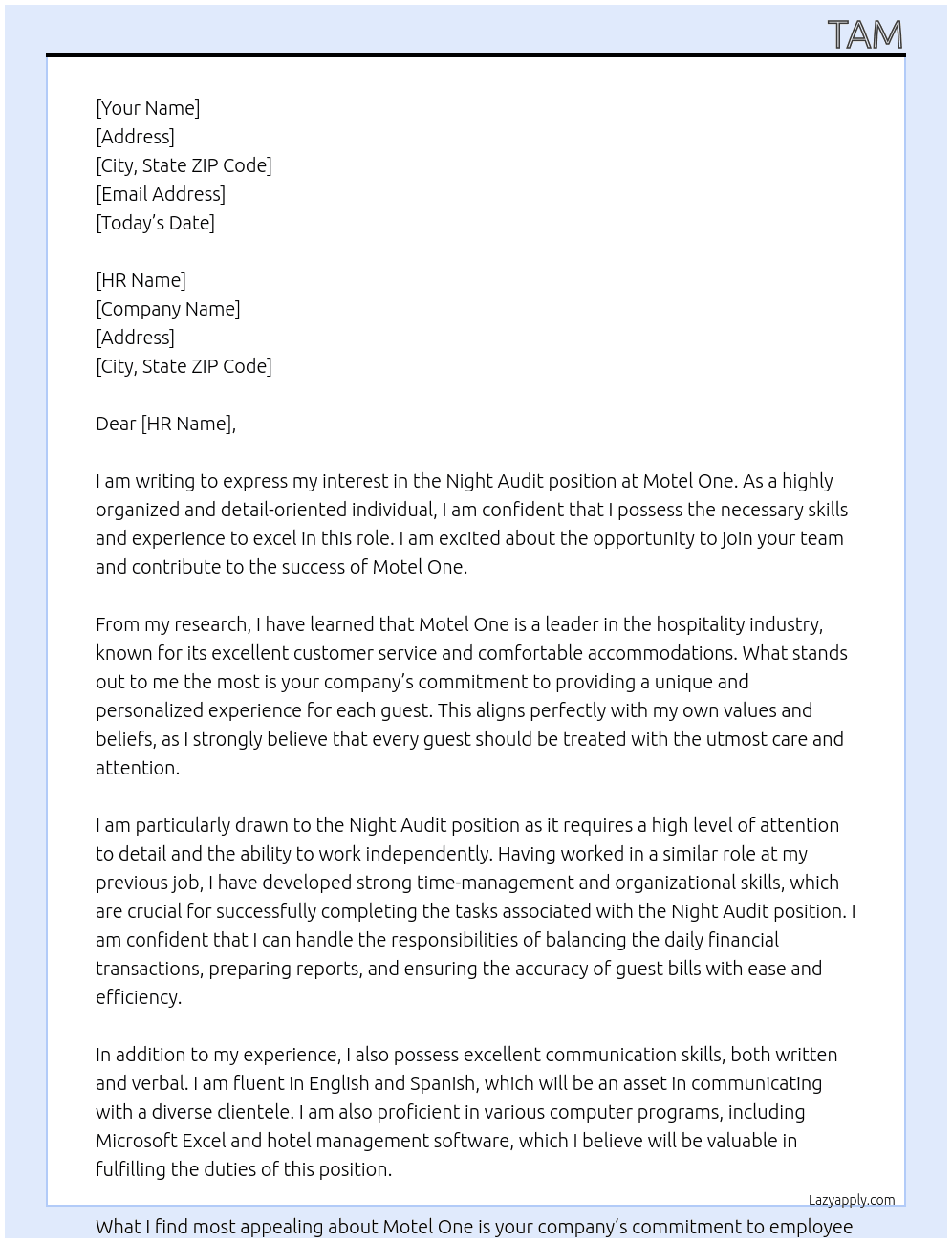 Night Audit At Motel One Cover Letter