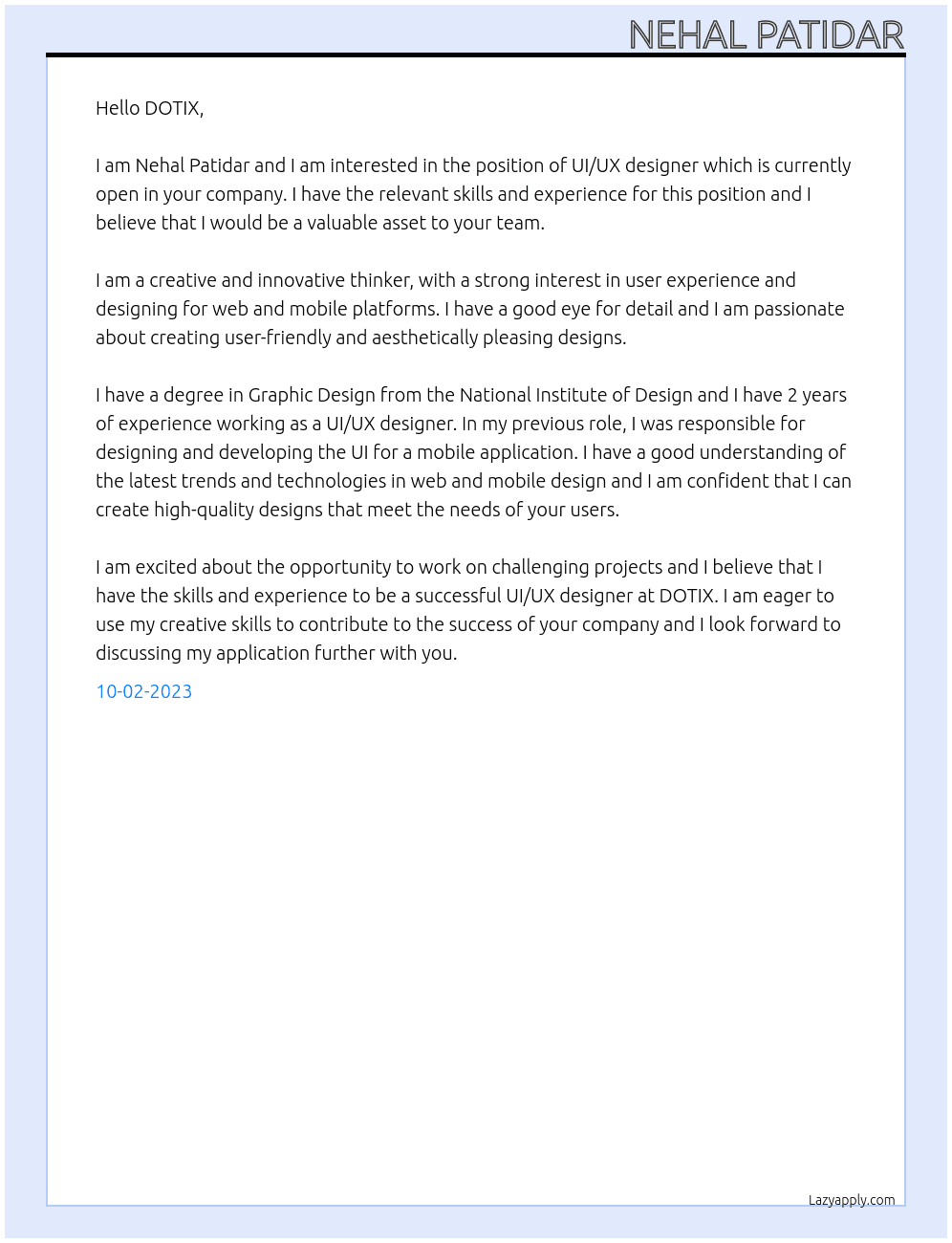 UI/UX designer At DOTIX  Cover Letter