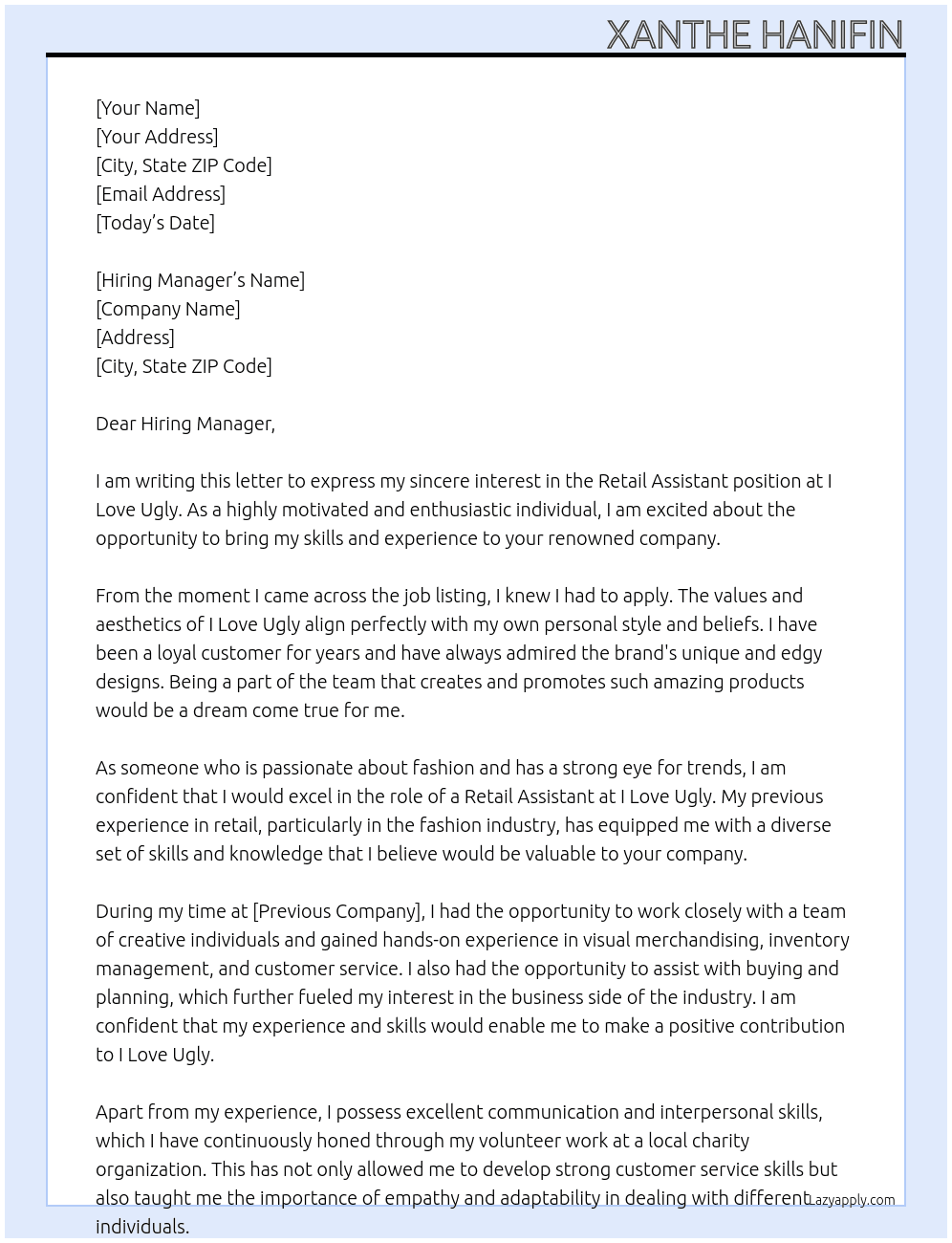 Retail Assistant At I Love Ugly Cover Letter