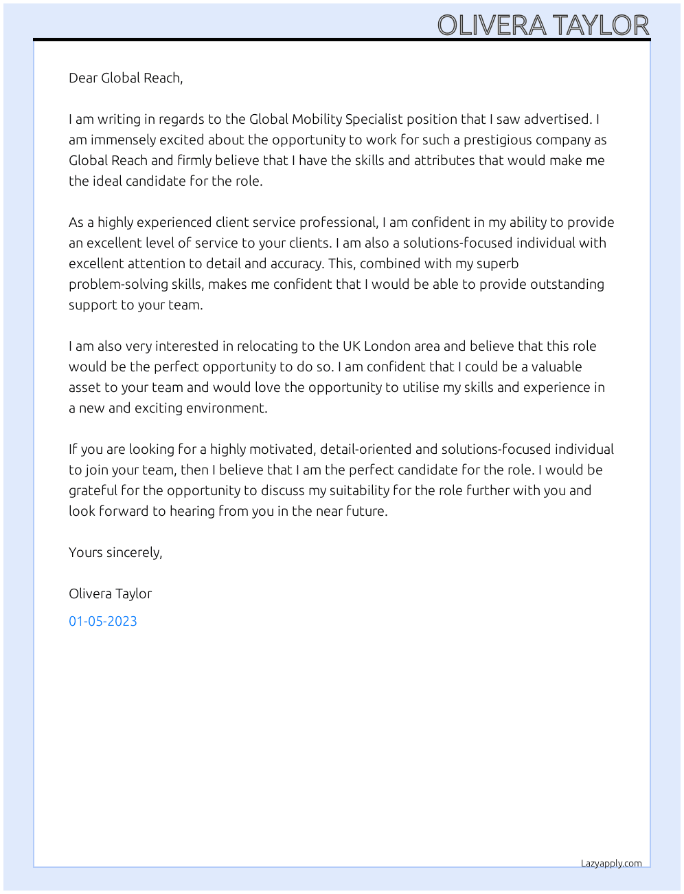 global mobility specialist At Global Reach Cover Letter