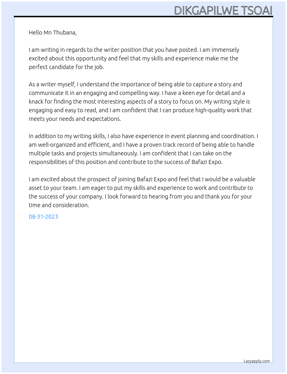 Writer At Bafazi expo Cover Letter