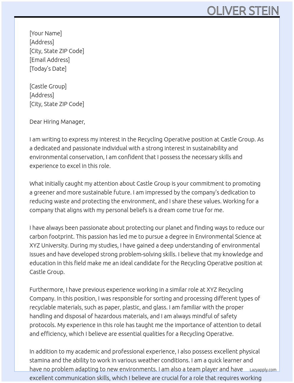 Recycling operative At Castle Group Cover Letter