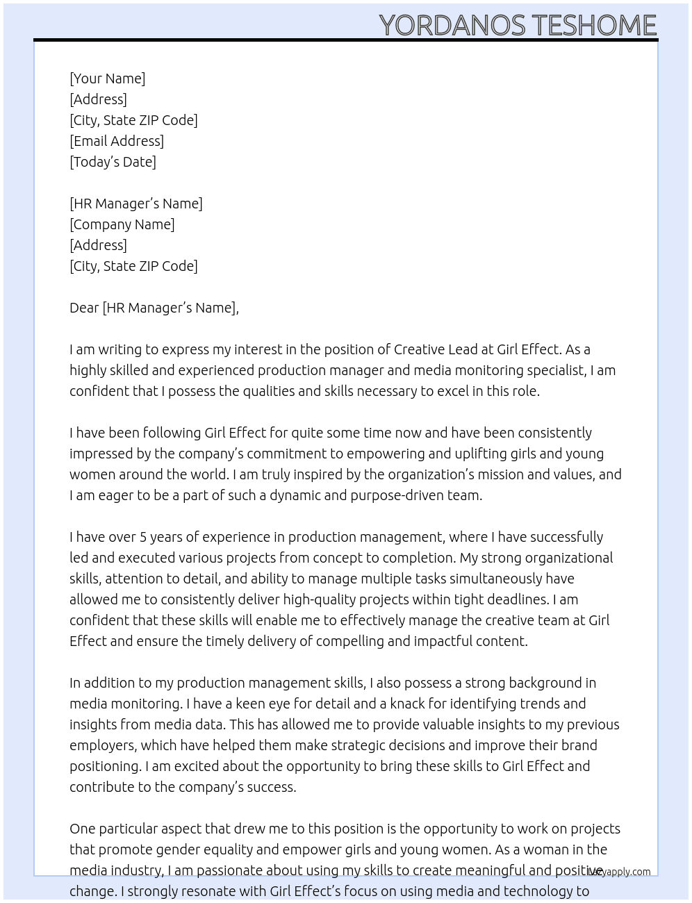 Creative lead At Girl effect Cover Letter