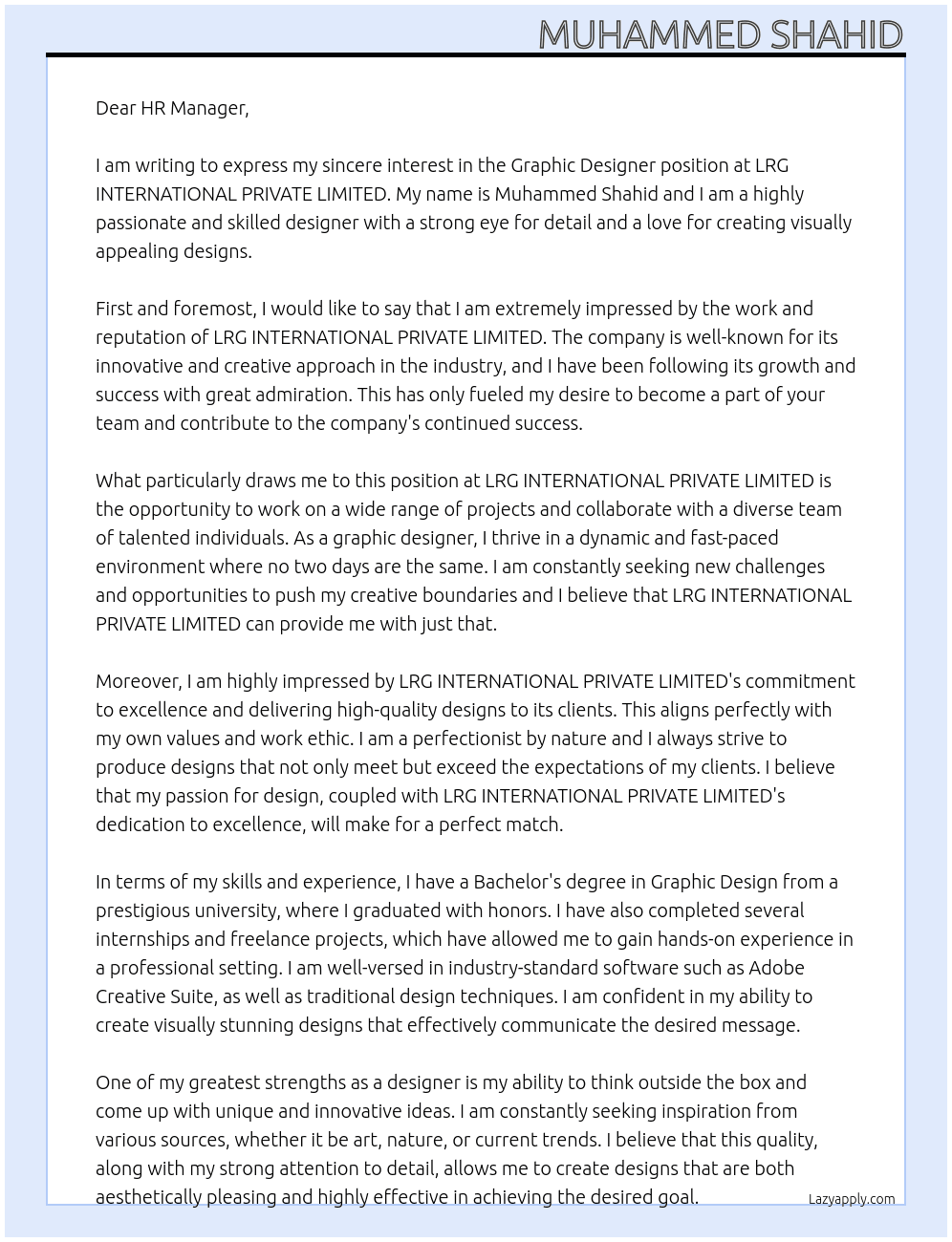 Graphic Designer At LRG INTERNATIONAL PRIVATE LIMITED Cover Letter