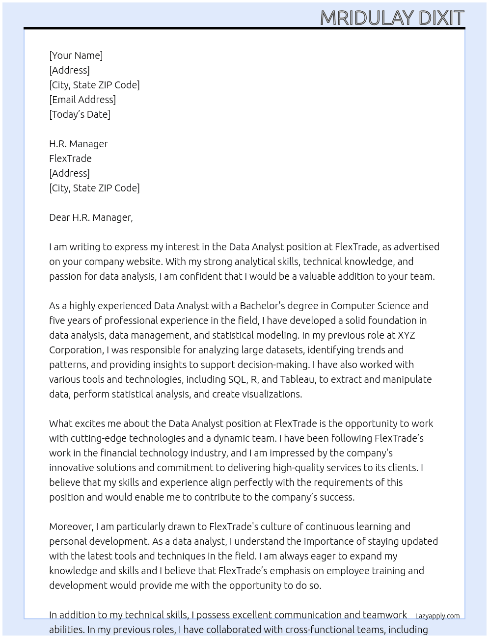 data analyst At FlexTrade Cover Letter