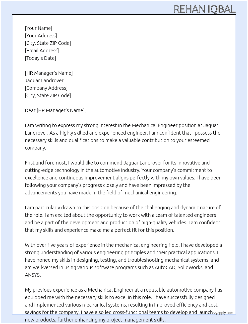 Mechanical engineer At Jaguar Landrover Cover Letter