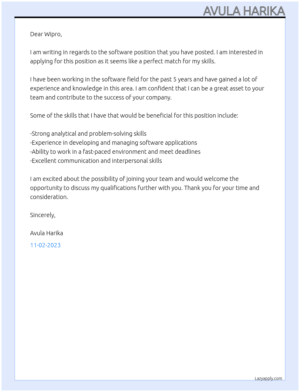 software At wipro Cover Letter