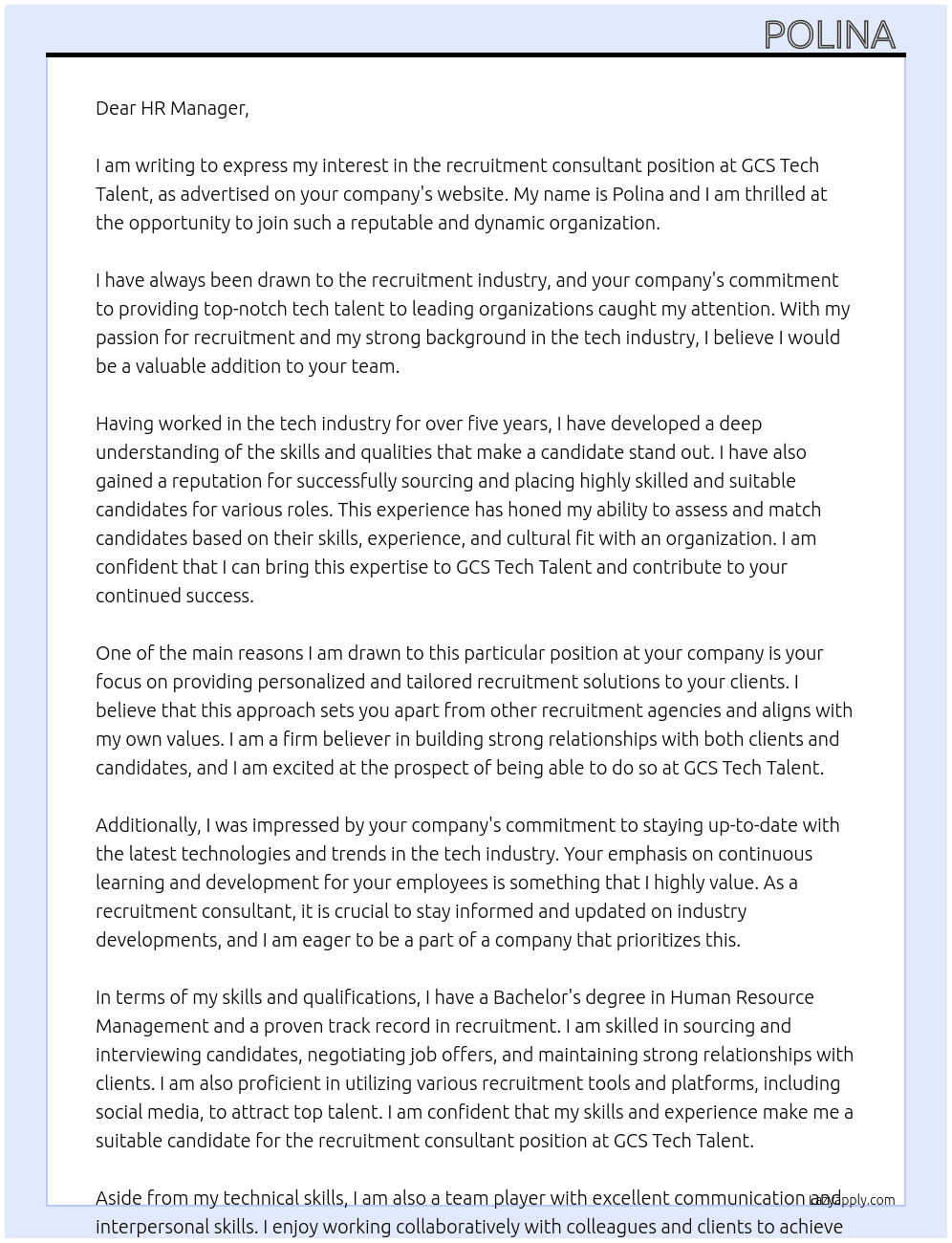 recruitment consultant  At  GCS Tech Talent Cover Letter