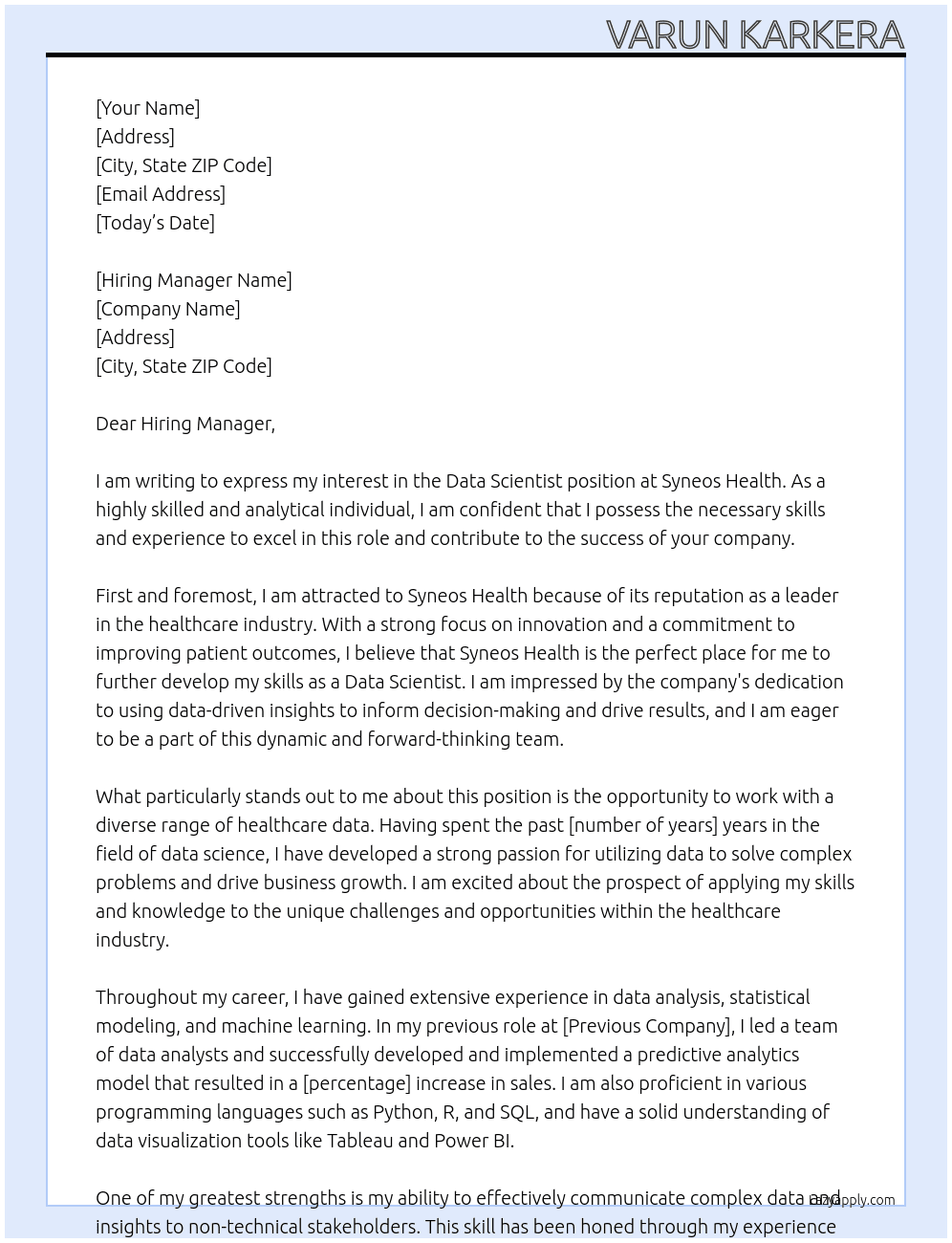 Data Scientist At Syneos Health Cover Letter